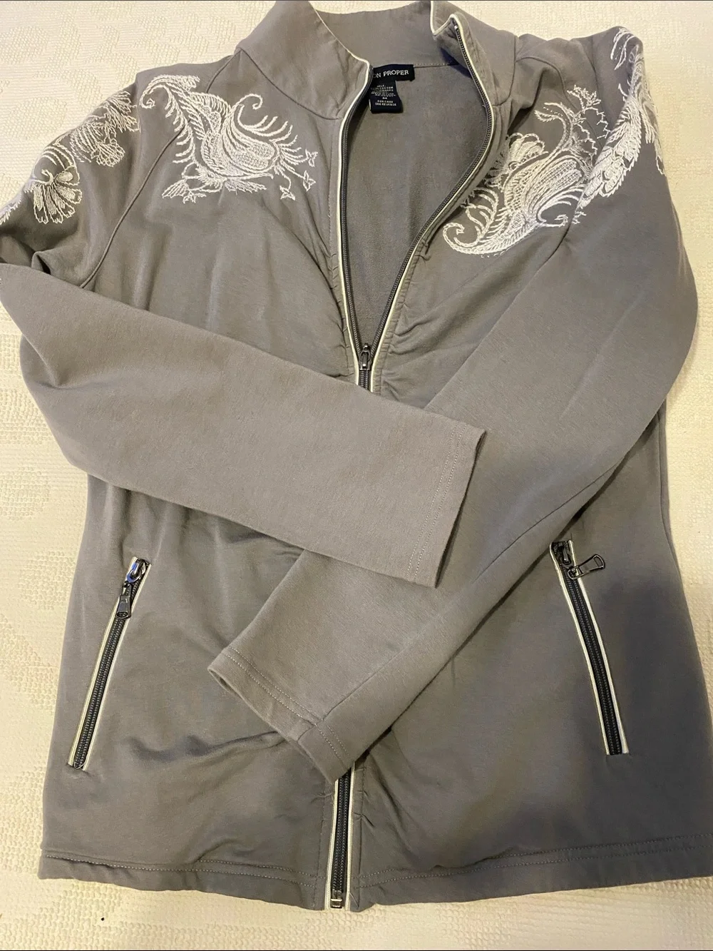 Boston Proper Gray Embroidered Zip Jacket. Pockets on either side.